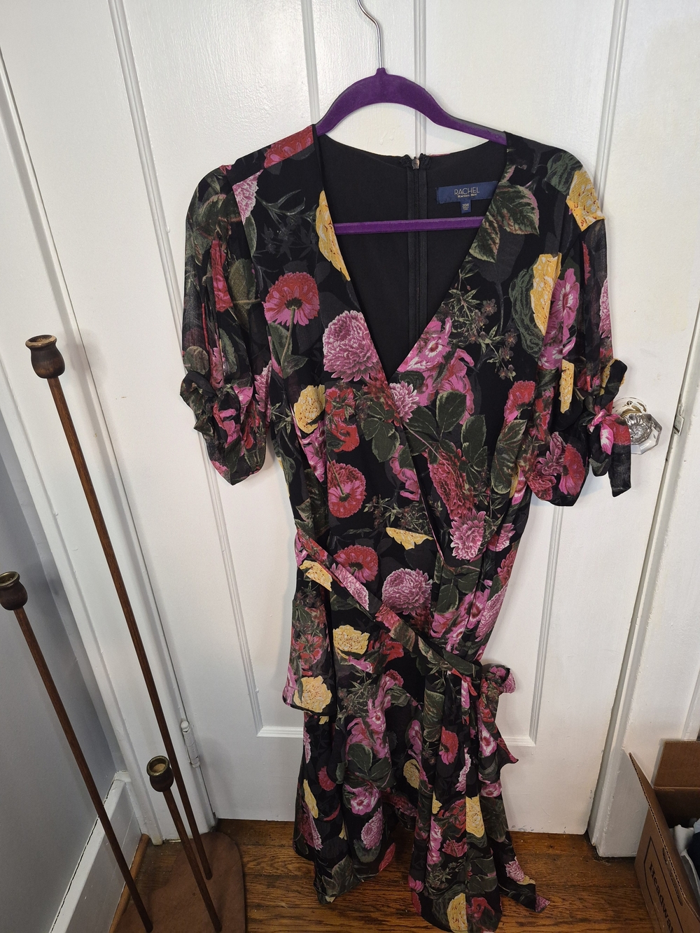Rachel Roy Black Midi Dress with Pink & Yellow Floral Print